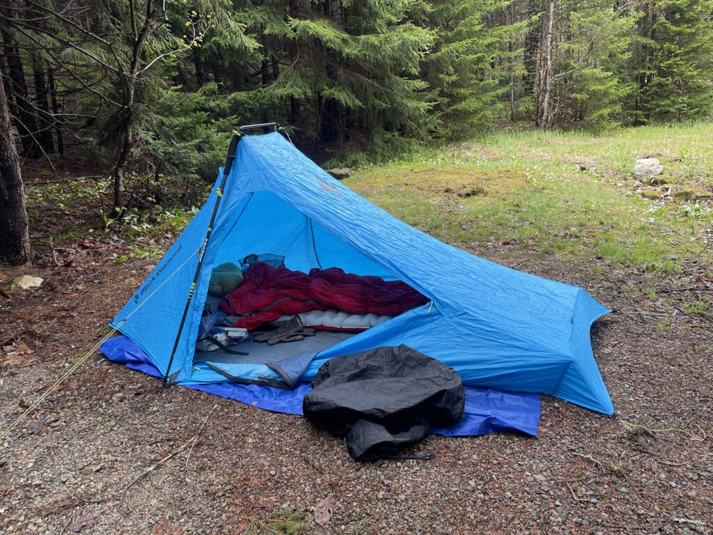 A blue backpacking tent is pitched in one of the designated sites in the Fundy backcountry.